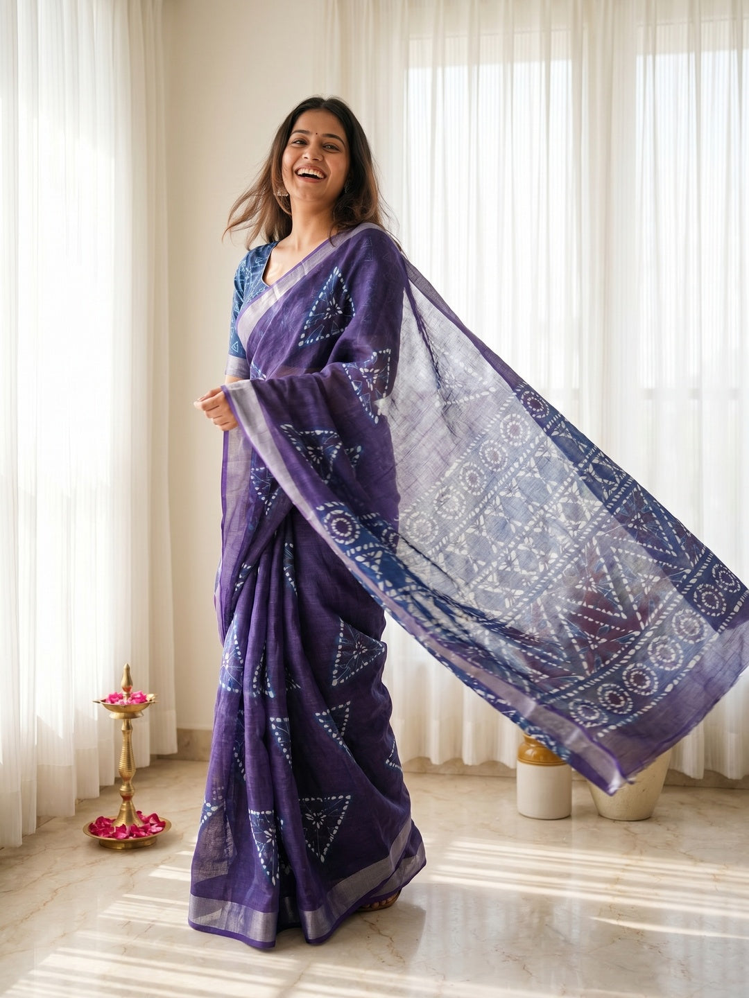 Elegant Geometric Printed Navy Blue Pure Cotton Saree with Zari Border - Image 1