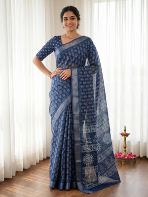 Blue Digital Print Cotton Saree with Zari Border Lightweight Traditional Outfit - Image 1