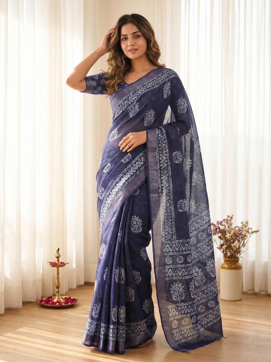 Blue Digital Printed Pure Cotton Saree with Zari Border Soft Comfortable Style - Image 1