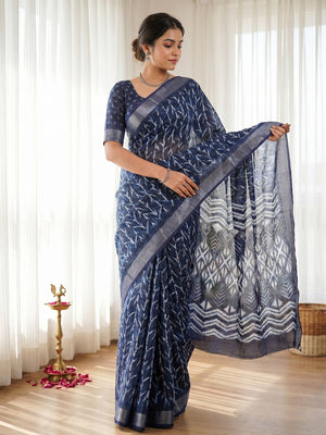 Elegant Blue Pure Cotton Digital Print Saree with Zari Border - Image 1