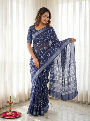 Blue Digital Print Pure Cotton Saree with Elegant Zari Border - Image 1