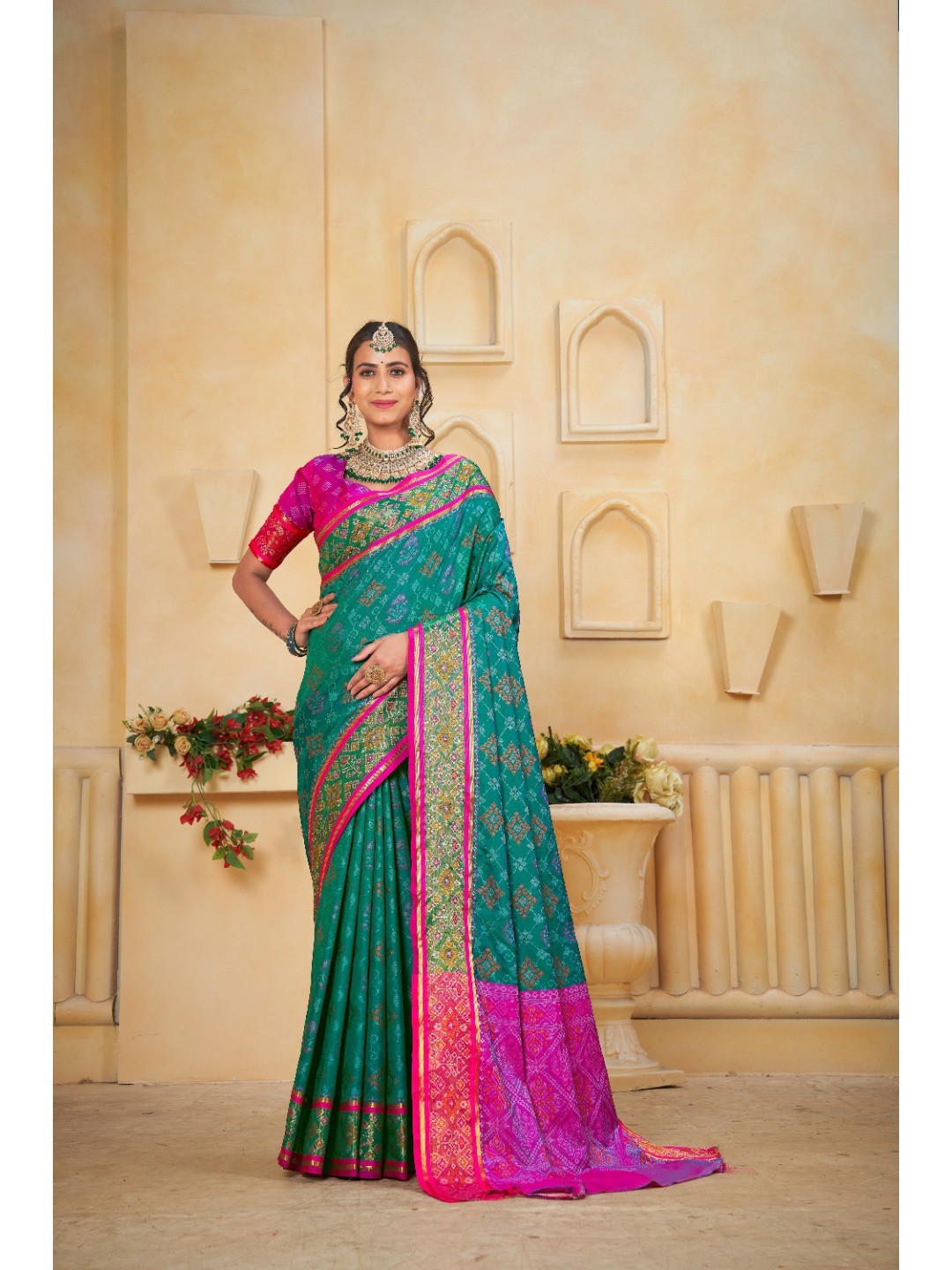 Designer Rama Green Banarasi Silk Saree With Intricate Patola Zari Weaving & Fancy Border - Image 1