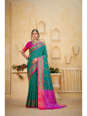 Designer Rama Green Banarasi Silk Saree With Intricate Patola Zari Weaving & Fancy Border - Image 1