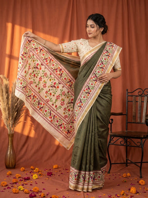 Olive Digital Printed Dola Silk Saree with Zari Border Lightweight Ethnic Wear - Image 1