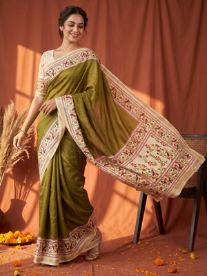 Digital Printed Olive Dola Silk Saree with Zari Border Elegant Festive Ethnic Wear - Image 1