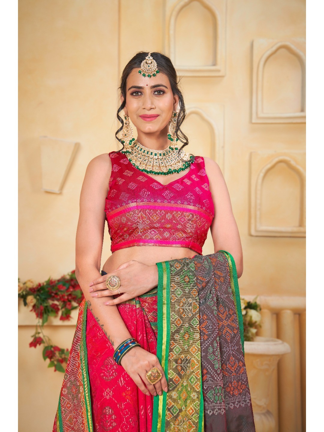 Designer Red Banarasi Silk Saree With Intricate Patola Zari Weaving & Fancy Border - Image 2