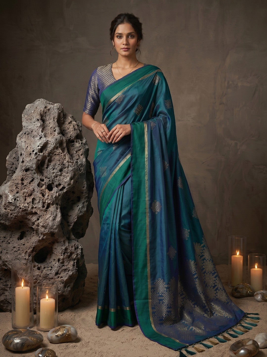 Rama Green Silk Blend Designer Saree with Ethnic Zari Work - Image 3