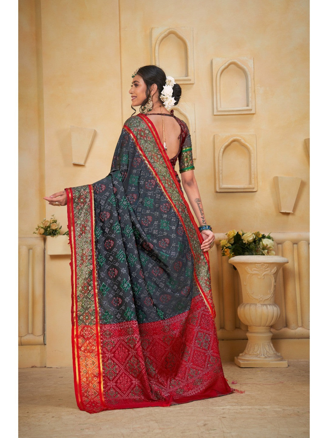 Designer Grey Banarasi Silk Saree With Intricate Patola Zari Weaving & Fancy Border - Image 4
