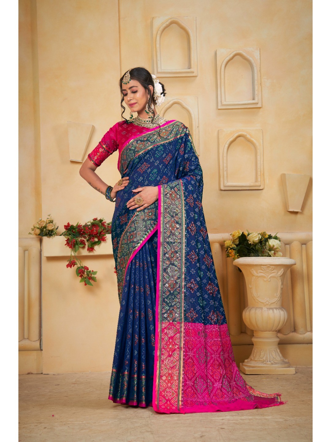 Designer Navy Blue Banarasi Silk Saree With Intricate Patola Zari Weaving & Fancy Border - Image 1