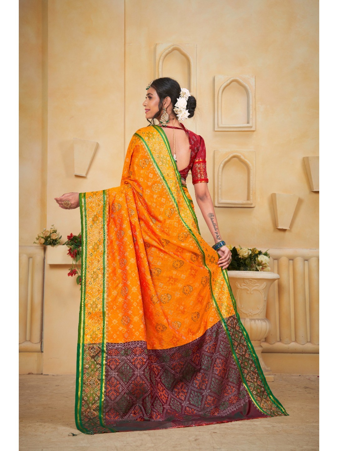 Designer Mustard Banarasi Silk Saree With Intricate Patola Zari Weaving & Fancy Border - Image 4