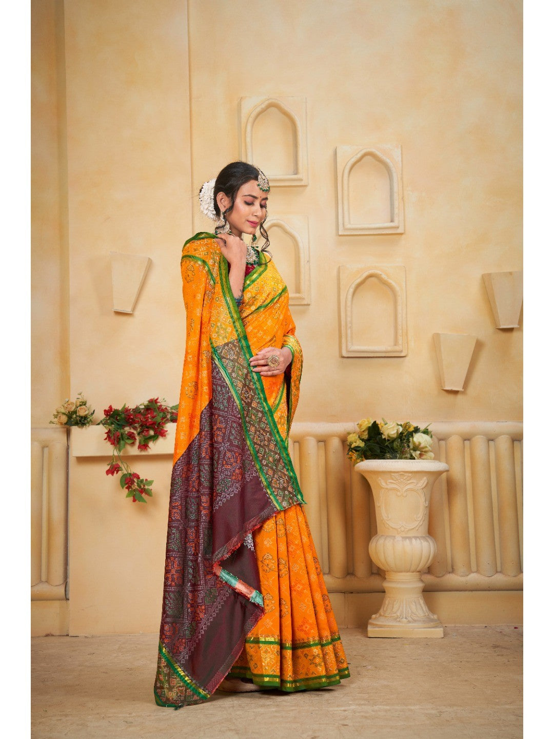 Designer Mustard Banarasi Silk Saree With Intricate Patola Zari Weaving & Fancy Border - Image 5