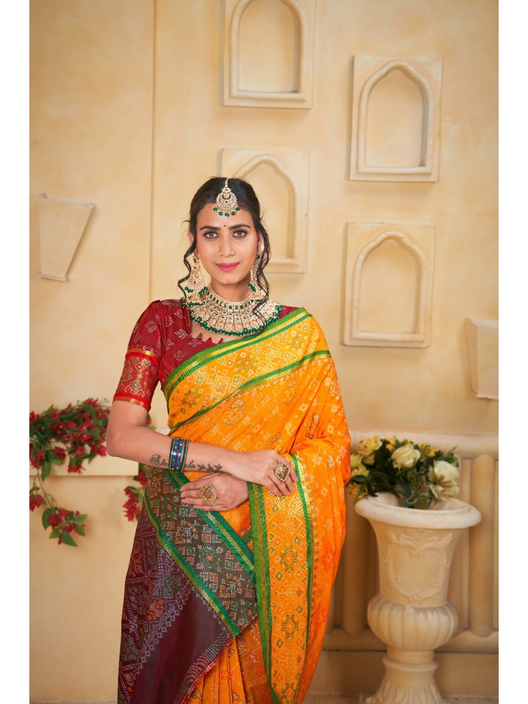 Designer Mustard Banarasi Silk Saree With Intricate Patola Zari Weaving & Fancy Border - Image 3