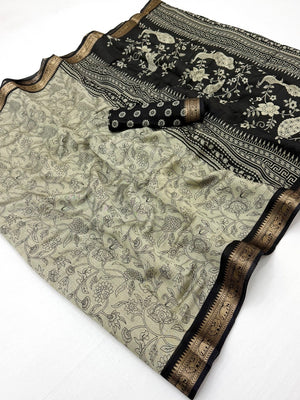 Elegant Beige & Black Viscose Saree with Floral Print and Jacquard Border - Image 2