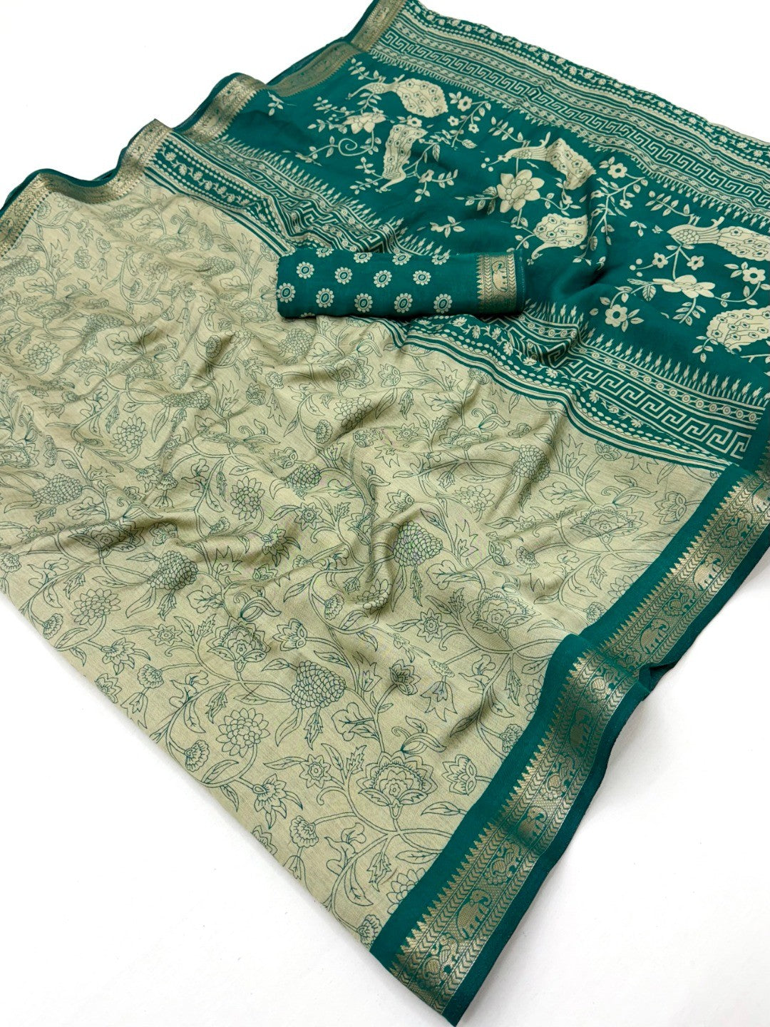 Elegant Beige & Rama Green Viscose Saree with Floral Print & Jacquard Border - Image 2