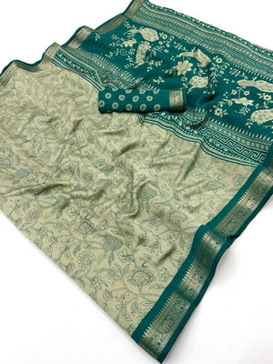 Elegant Beige & Rama Green Viscose Saree with Floral Print & Jacquard Border - Image 2