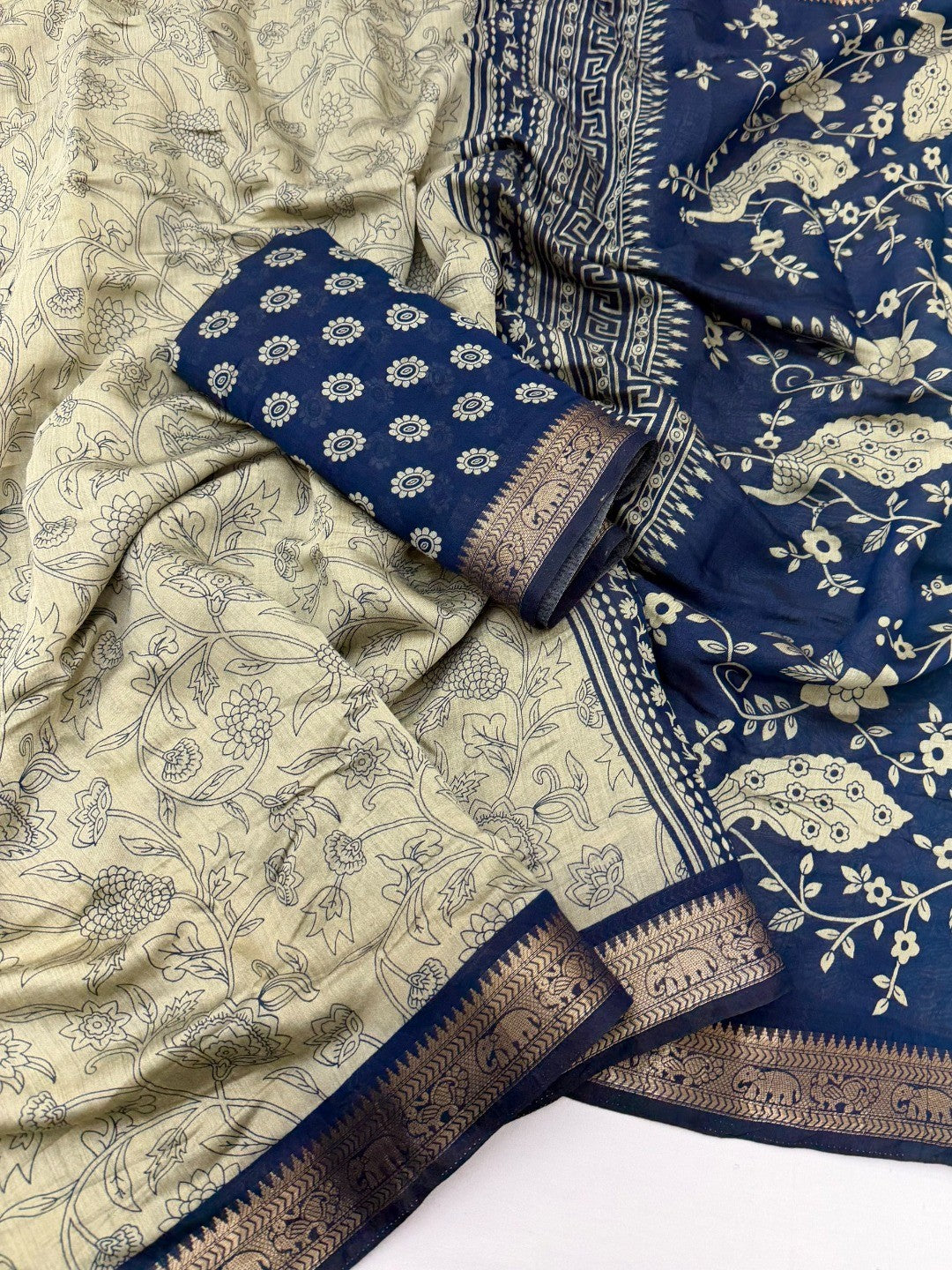 Beige & Navy Blue Viscose Saree with Floral Print and Jacquard Border - Image 3