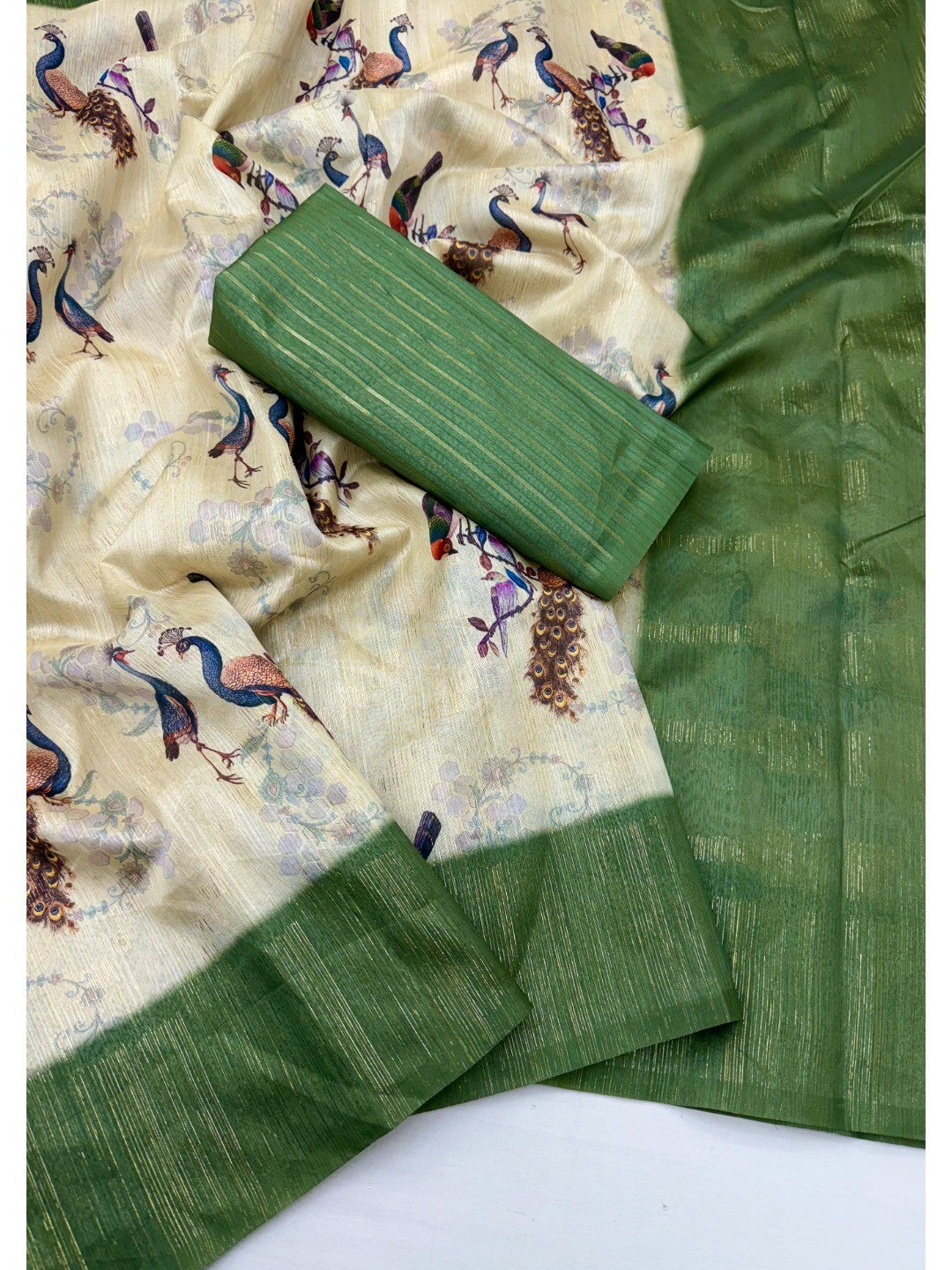 Stunning Cream & Green Digital Printed Cotton Blend Saree With Peacock Motifs - Image 2