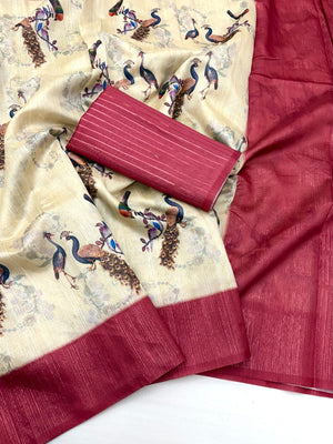 Stunning Cream & Pink Digital Printed Cotton Blend Saree With Peacock Motifs - Image 2