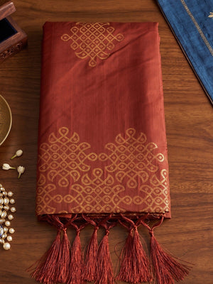 Luxurious Rust Silk Blend Saree Featuring Elegant Zari Weaving Work & Tassel Accents - Image 2