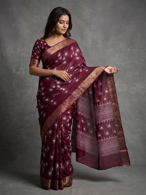 Premium Maroon Dola Silk Saree with Digital Printed Design and Zari Work - Image 1
