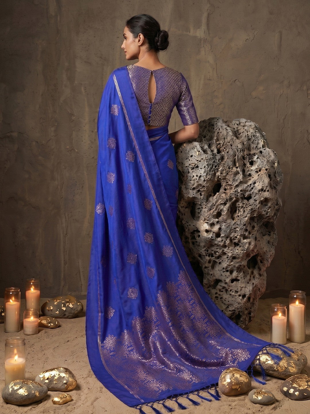 Luxurious Royal Blue Silk Blend Saree Featuring Elegant Zari Weaving Work & Tassel Accents - Image 3