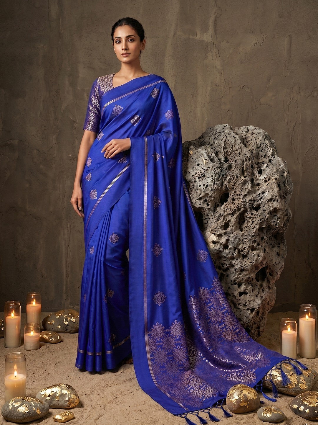 Luxurious Royal Blue Silk Blend Saree Featuring Elegant Zari Weaving Work & Tassel Accents - Image 5