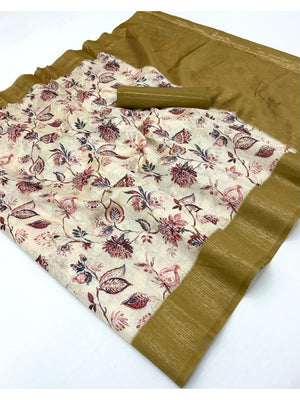 Elegant Cream & Golden Olive Floral Digital Printed Cotton Silk Saree With Rich Weaving Border Work - Image 2