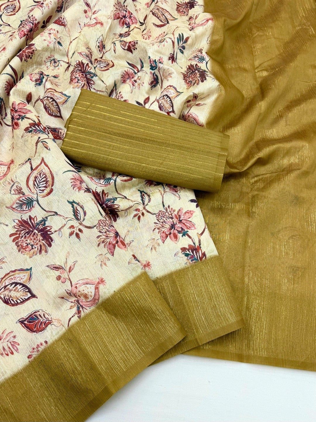 Elegant Cream & Golden Olive Floral Digital Printed Cotton Silk Saree With Rich Weaving Border Work - Image 2