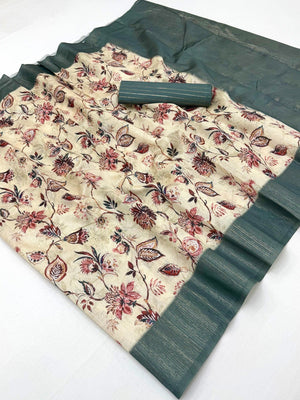 Elegant Cream & Slate Blue Floral Digital Printed Cotton Silk Saree With Rich Weaving Border Work - Image 2