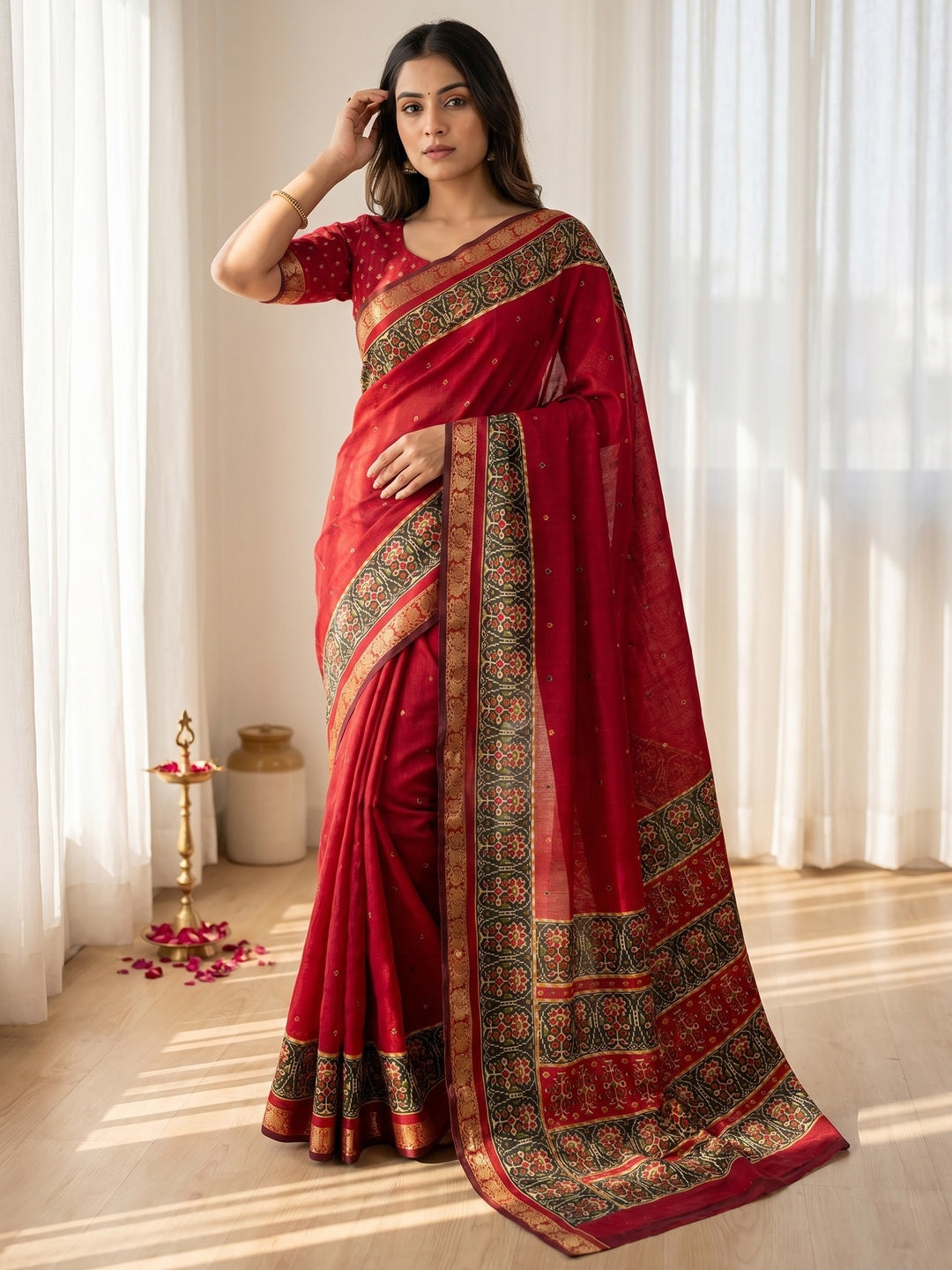 Elegant Red Viscose Saree with Jacquard Zari Border and Fancy Print - Image 1
