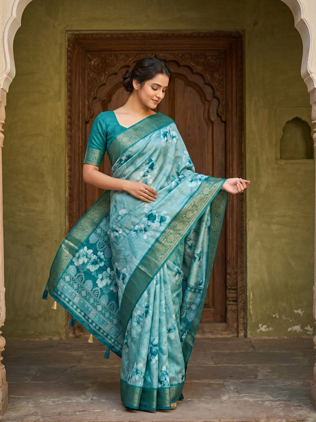 Rama Blue Dola Silk Saree with Floral Digital Print and Jacquard Border - Image 1