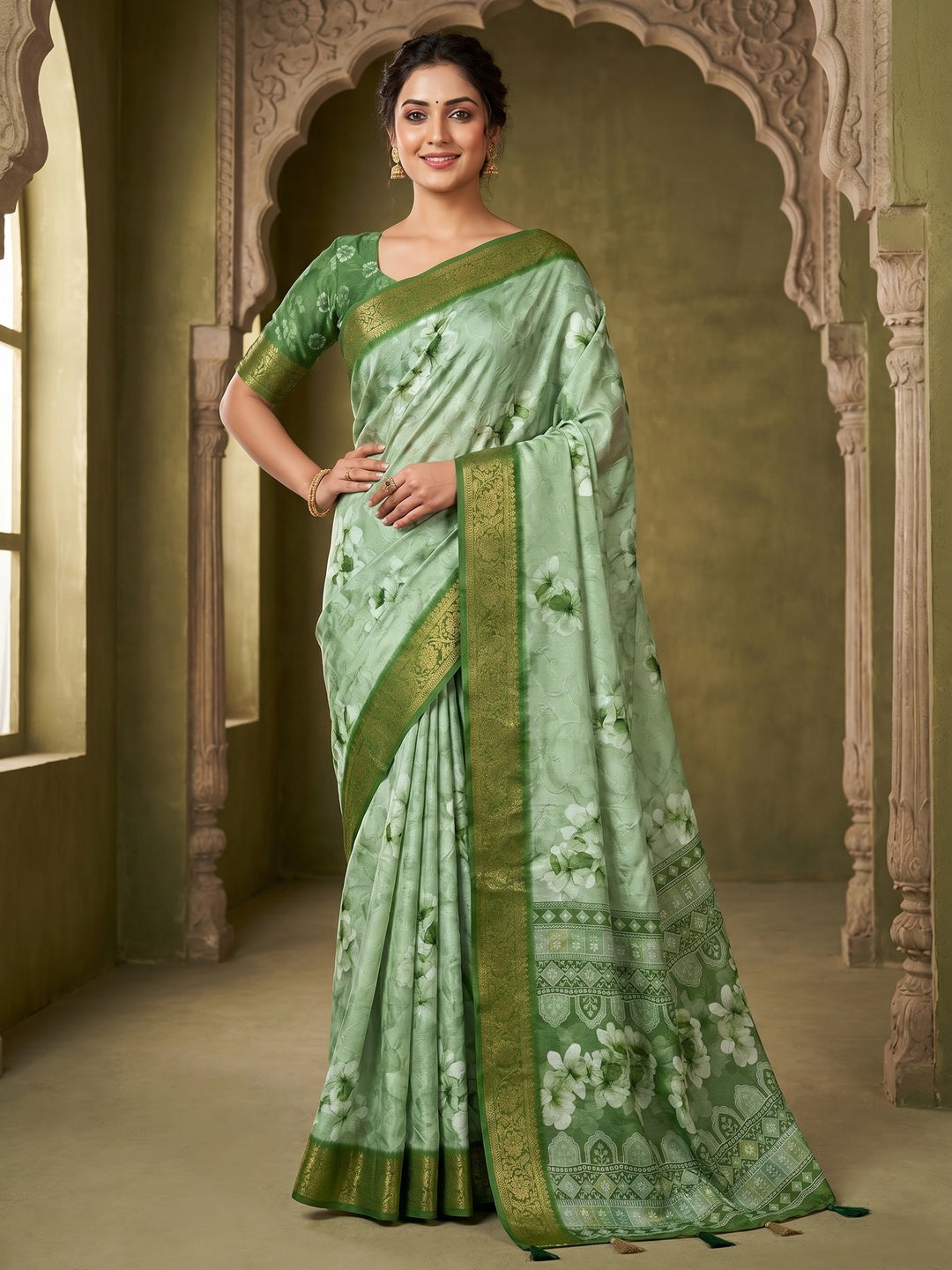 Elegant Green Dola Silk Saree with Floral Digital Print and Zari Border - Image 1