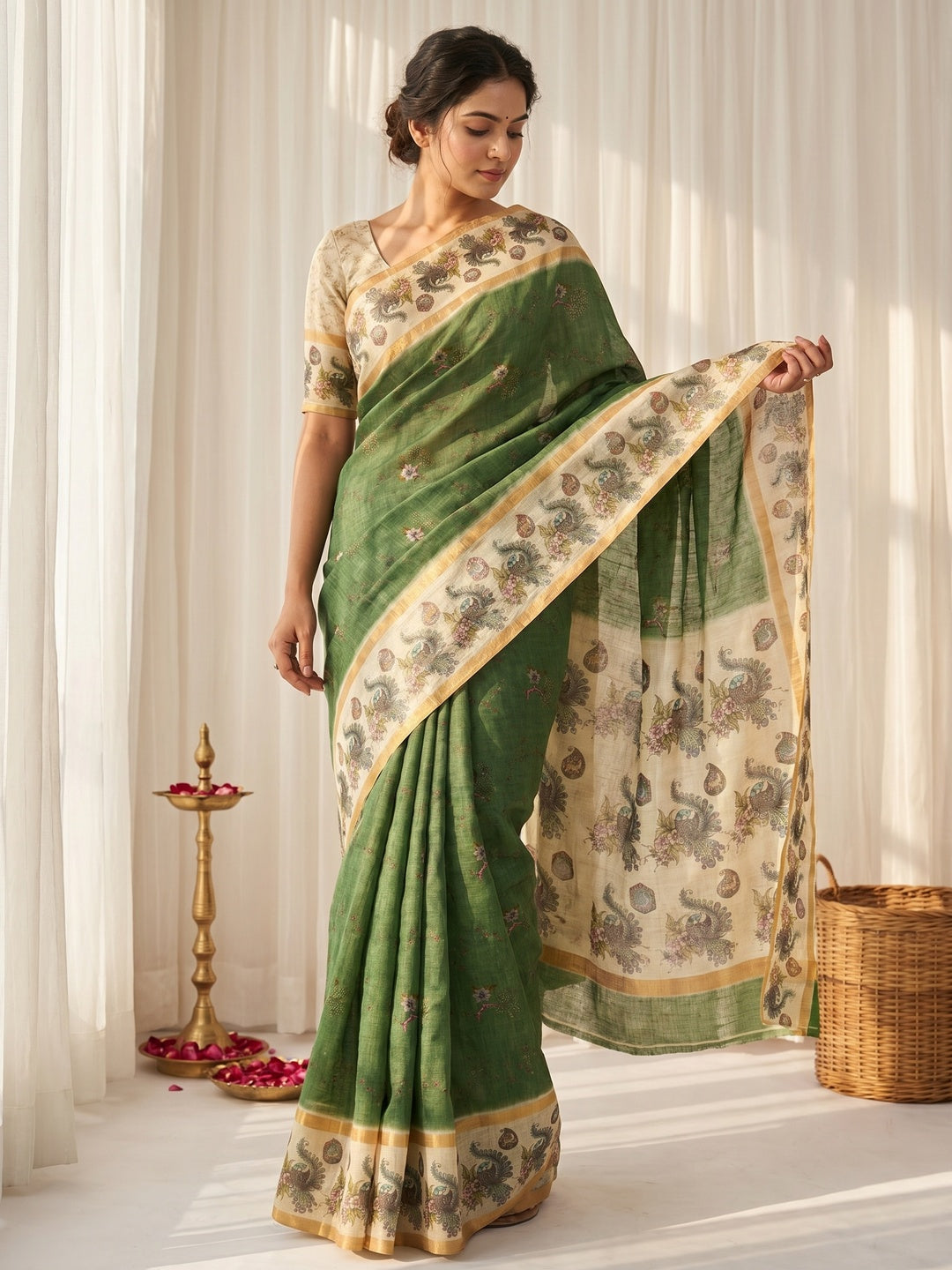Elegant Green Cotton Silk Digital Print Saree with Zari Border - Image 1