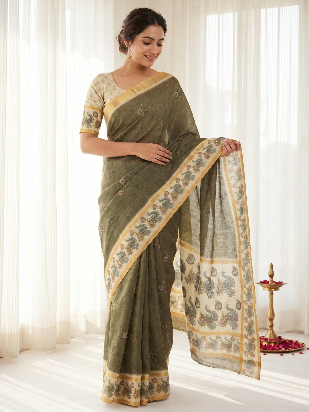 Olive Digital Printed Cotton Silk Saree with Zari Border - Image 1