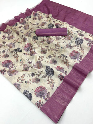 Offwhite & Purple Floral Digital Print Pure Cotton Saree with Woven Border - Image 2