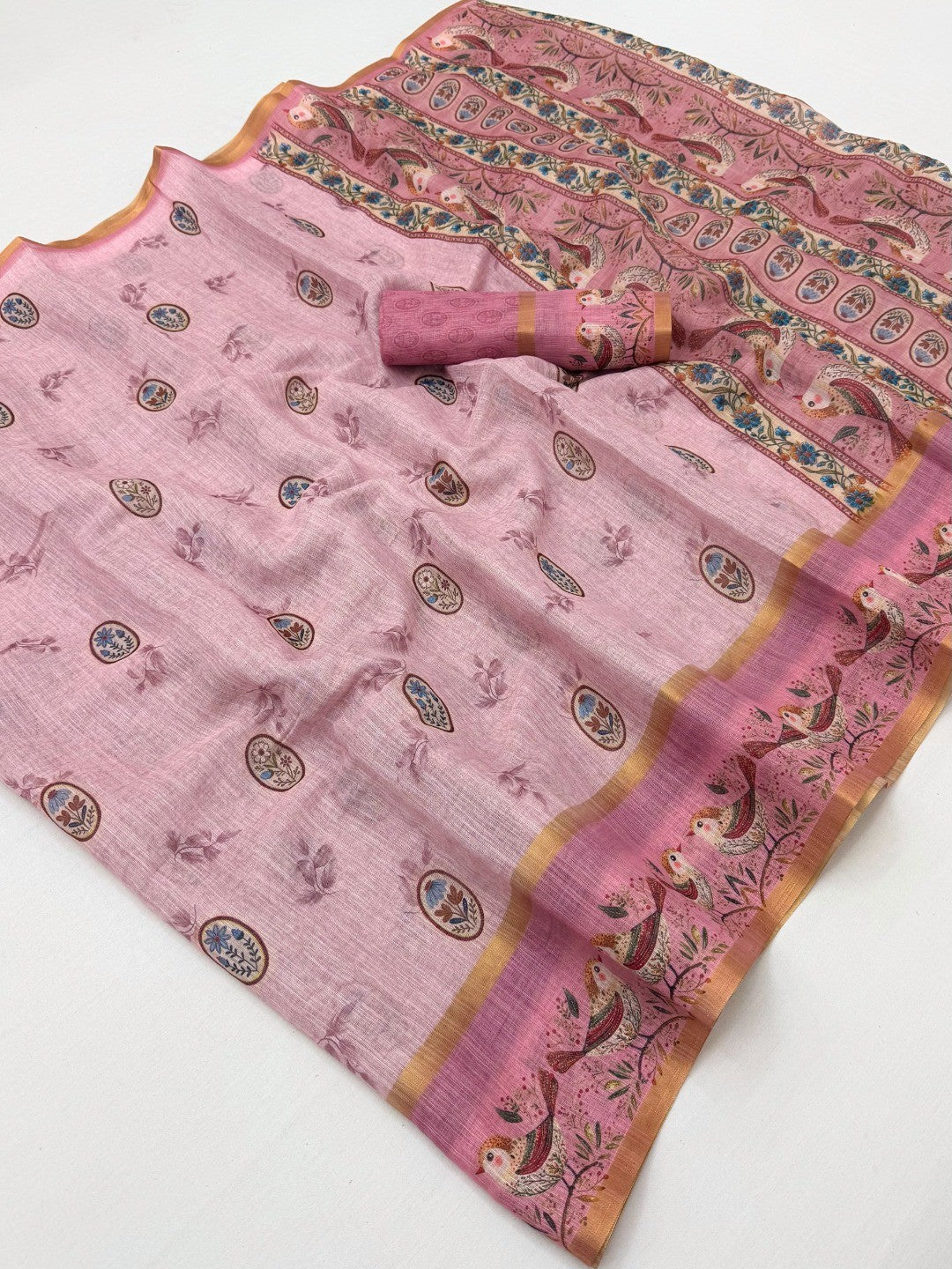 Elegant Pink Floral Digital Print Linen Cotton Saree With Rich Zari Weaving Border Work - Image 1