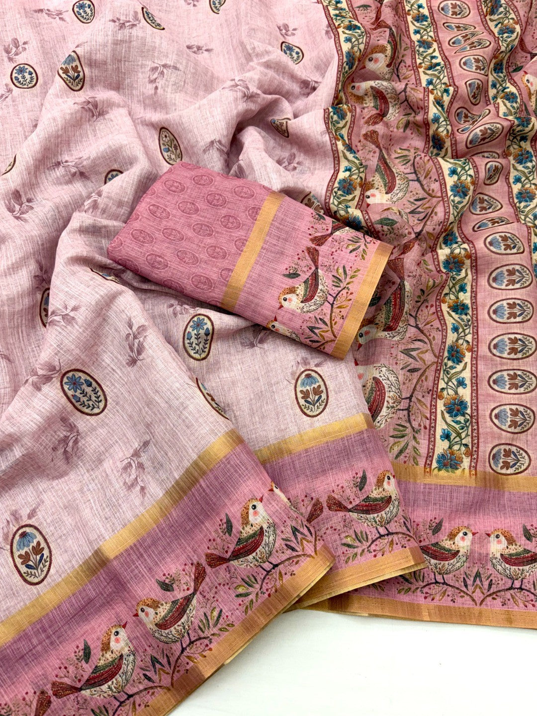 Elegant Pink Floral Digital Print Linen Cotton Saree With Rich Zari Weaving Border Work - Image 2