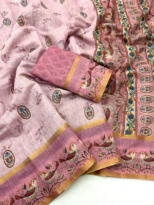 Elegant Pink Floral Digital Print Linen Cotton Saree With Rich Zari Weaving Border Work - Image 2
