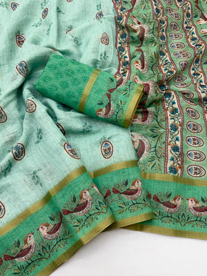 Elegant Turquoise Floral Digital Print Linen Cotton Saree With Rich Zari Weaving Border Work - Image 2