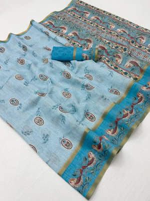 Elegant Blue Floral Digital Print Linen Cotton Saree With Rich Zari Weaving Border Work - Image 1