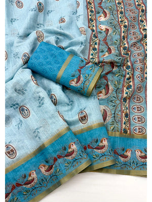 Elegant Blue Floral Digital Print Linen Cotton Saree With Rich Zari Weaving Border Work - Image 2