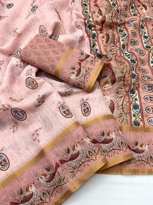 Elegant Peach Floral Digital Print Linen Cotton Saree With Rich Zari Weaving Border Work - Image 2