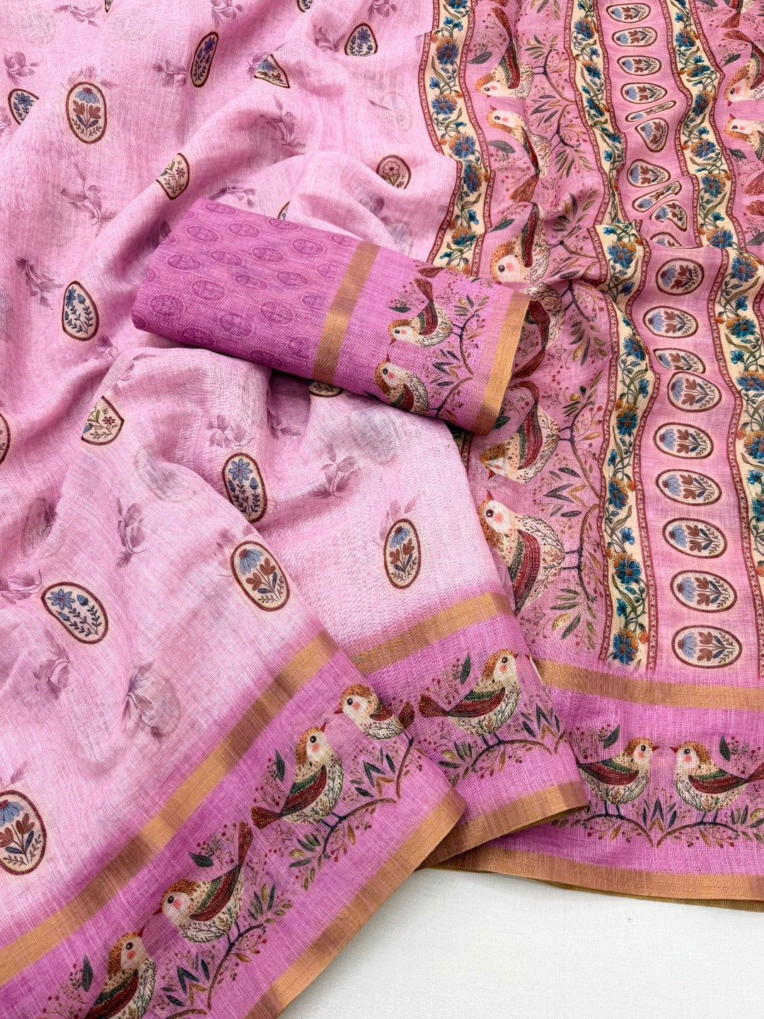 Elegant PInk Floral Digital Print Linen Cotton Saree With Rich Zari Weaving Border Work - Image 2