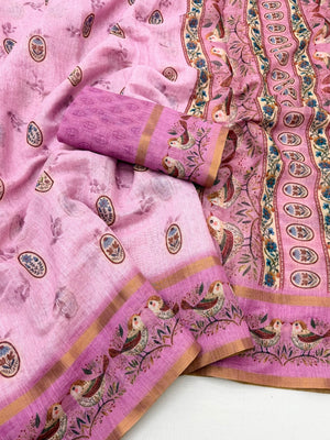 Elegant PInk Floral Digital Print Linen Cotton Saree With Rich Zari Weaving Border Work - Image 2