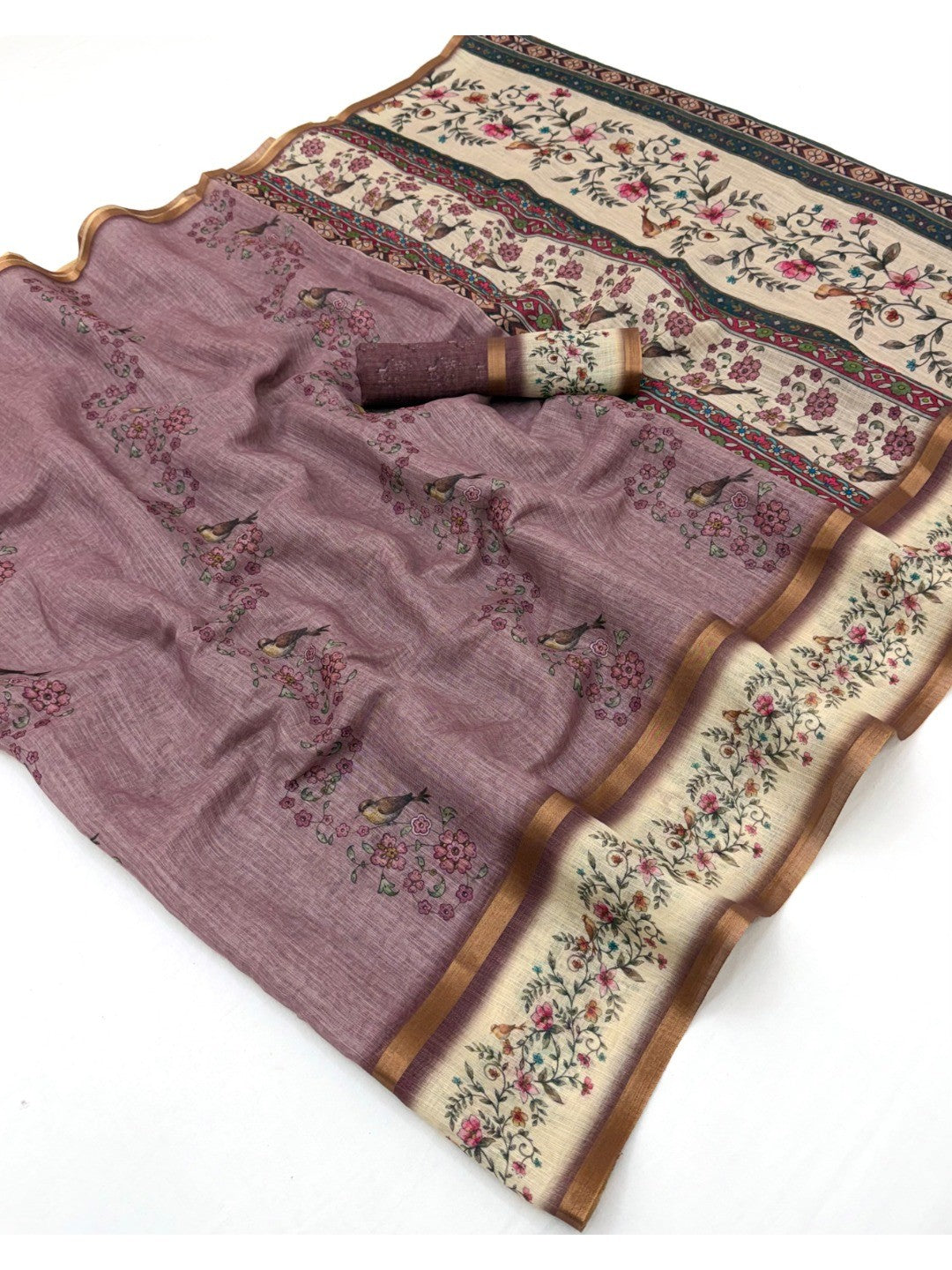 Graceful Mauve Floral Digital Print Linen Cotton Saree With Artistic Zari Border Work - Image 1