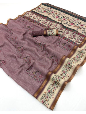 Graceful Mauve Floral Digital Print Linen Cotton Saree With Artistic Zari Border Work - Image 1
