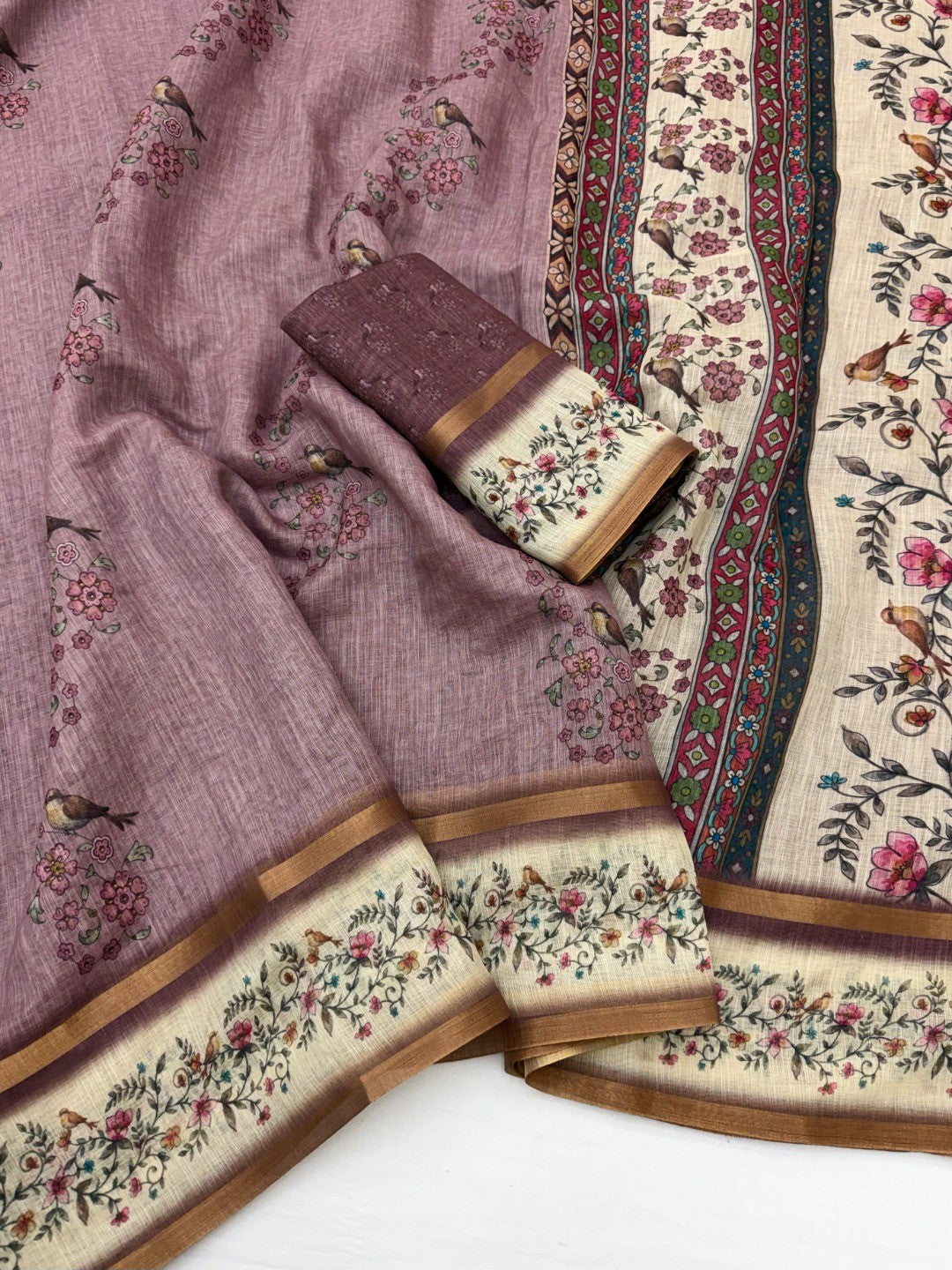 Graceful Mauve Floral Digital Print Linen Cotton Saree With Artistic Zari Border Work - Image 2