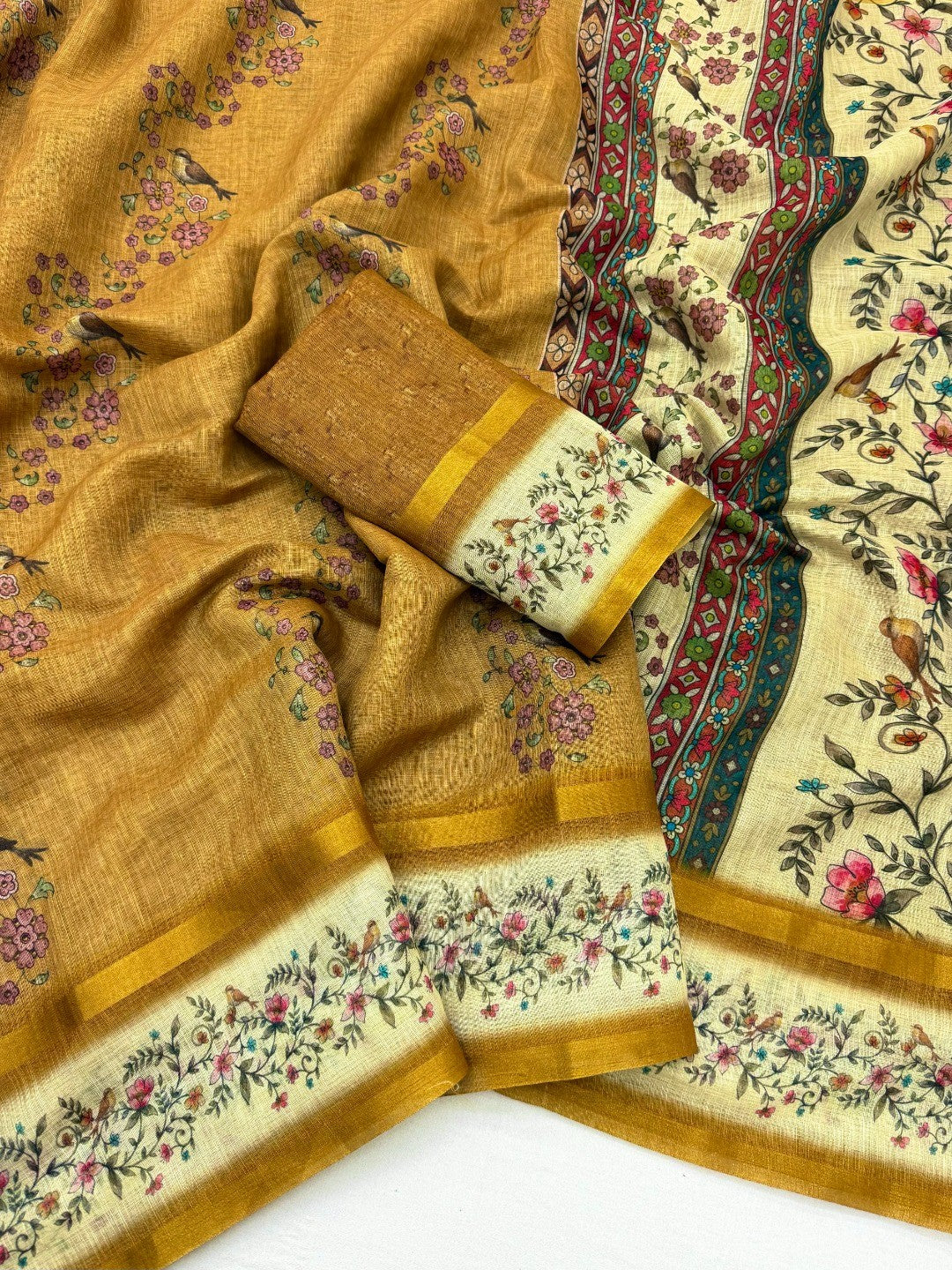 Graceful Dark Mustard Floral Digital Print Linen Cotton Saree With Artistic Zari Border Work - Image 2
