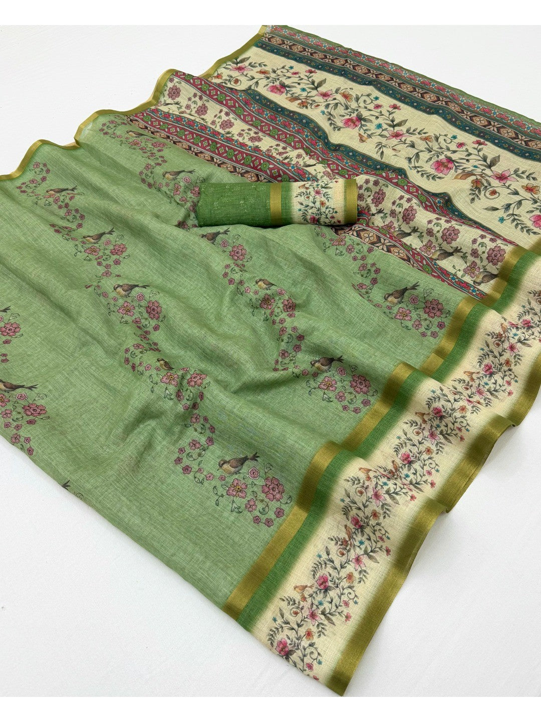 Graceful Green Floral Digital Print Linen Cotton Saree With Artistic Zari Border Work - Image 1