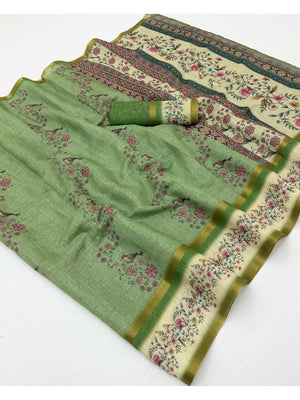 Graceful Green Floral Digital Print Linen Cotton Saree With Artistic Zari Border Work - Image 1